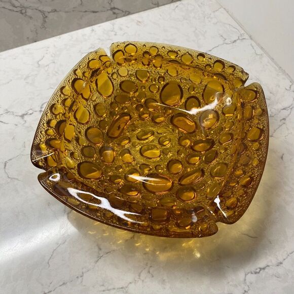 Vintage Libbey Pebble Square Shaped Decorative Amber Glass 4 Slot Ashtray - 8.5" - Picture 1 of 8